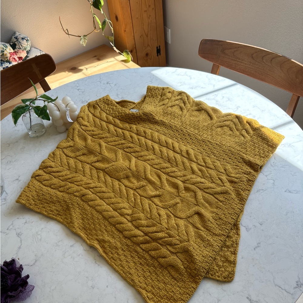 Women's Mustard Merino Wool Sweater Poncho Super Soft Cable Stitch - Picture 2 of 8